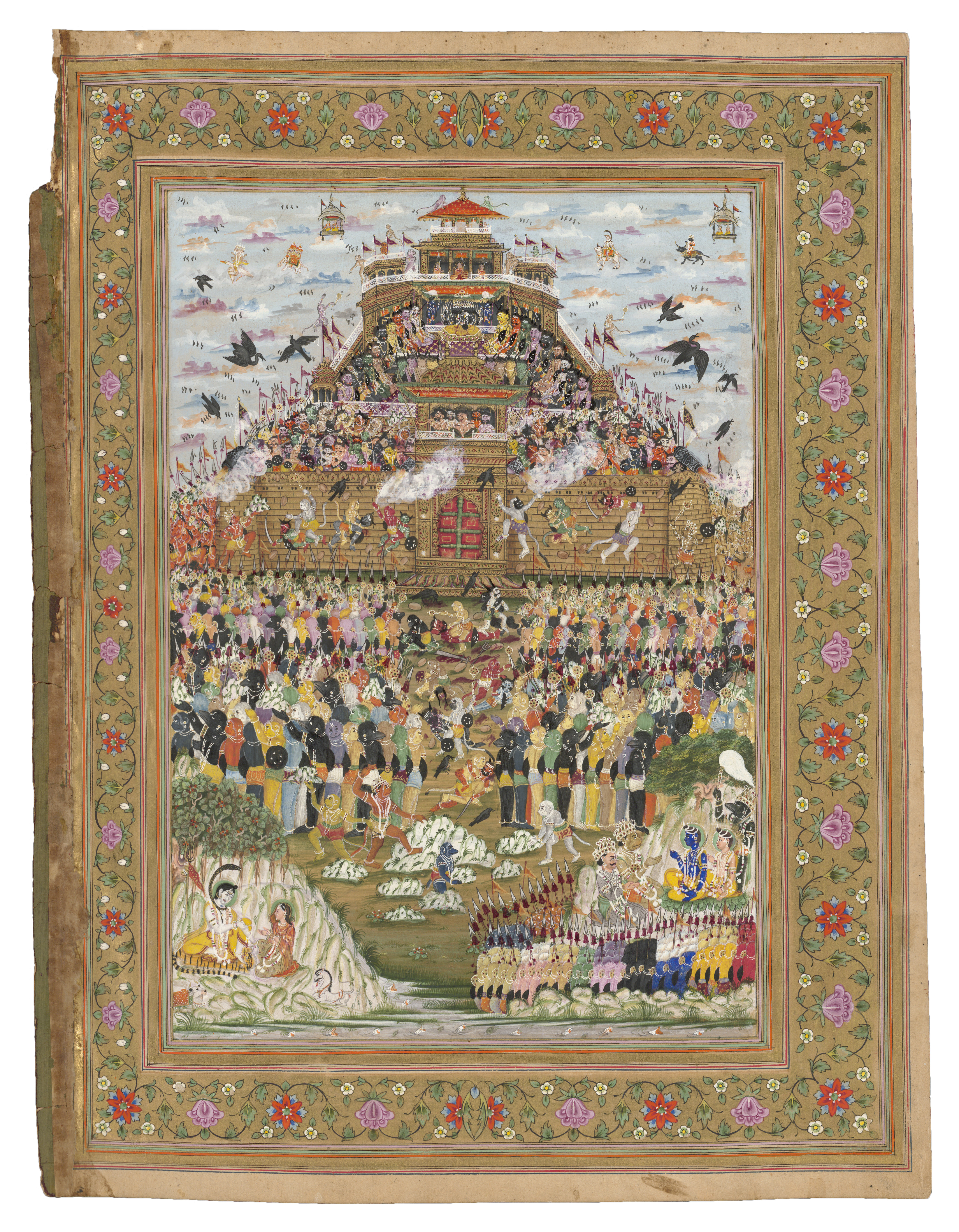 Rama's Army Besieges Lanka - Illustrated Folio from the Ramcharitmanas Manuscript